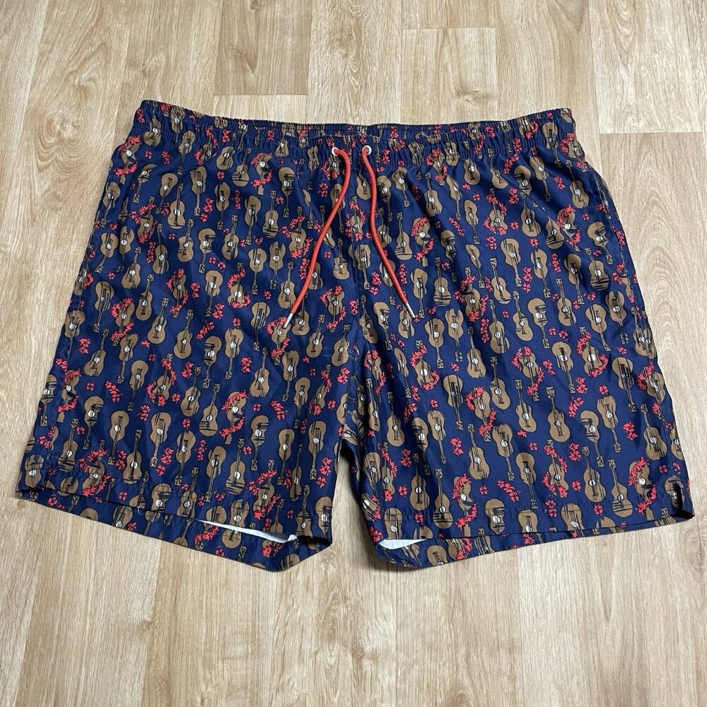 LANDS END SWIM TRUNKS UKELELE GUITAR PRINT SZ XXL 44-46 BEACH MUSIC SHORTS LINED